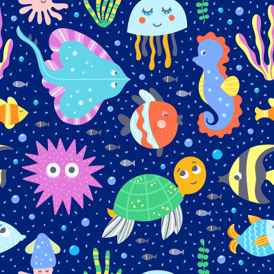 海洋动物和海洋生物无缝矢量模式。孩子的背景与有趣的人物生活在海洋