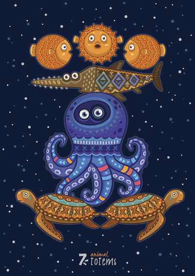 野生图腾动物的矢量插图。海龟,章鱼,鱼
