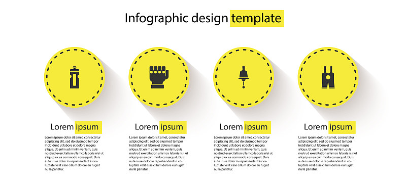 健身器，综合格斗手套，摇铃和摔跤背心。业务信息模板。向量