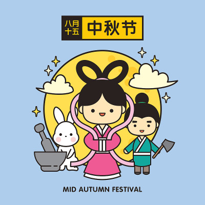 中秋节扁平的图标嫦娥，吴刚和玉兔。中文翻译:八月十五日;中秋快乐