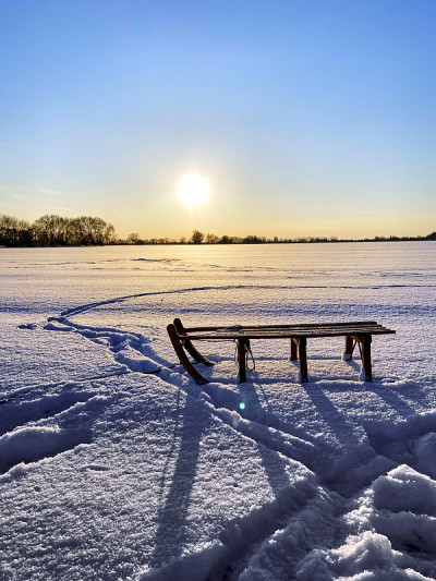 在夕阳的照耀下，雪橇行驶在白雪皑皑的平原上。