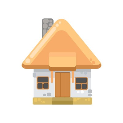白色墙壁和黄色屋顶的乡间小屋。有趣的卡通风格。国家郊区的村庄。传统简单的架构。插图儿童是孤立的白色背