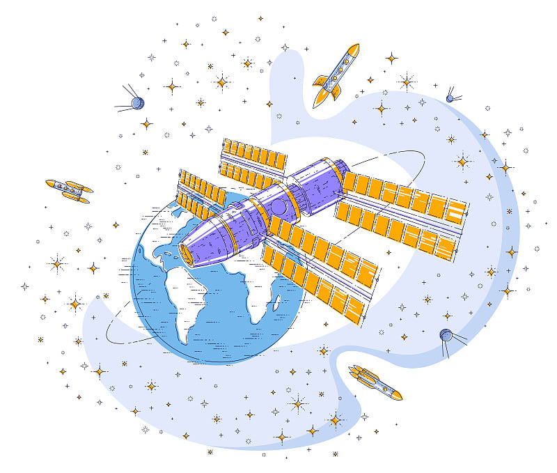 空间站绕地球运行，航天飞行，宇宙飞船飞船iss与太阳能电池板，人造卫星，与火箭，星星等元素。细线三维