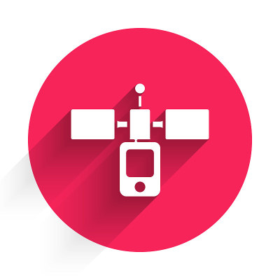 White Satellite icon isolated with long shadow. Re