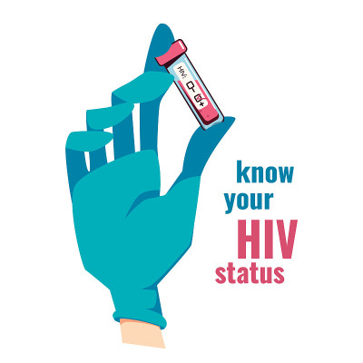世界艾滋病日。一只戴着蓝色医用手套的手拿着一个HIV检测呈阳性的试管。矢量插图孤立的白色背景。