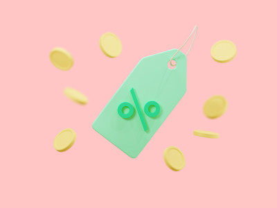 3d价格标签与百分之折扣，围绕硬币孤立在浅粉色的背景。折扣券。网上销售的概念。促销标签优惠券，销售凭