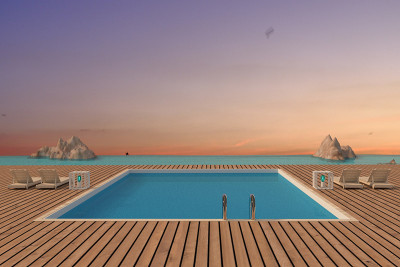 豪华游泳池与海滩休息室的3D渲染海景