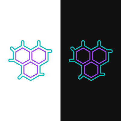 线化学公式图标隔离在白色和黑色背景。摘要六边形用于创新医药、卫生、科研和科学。色彩斑斓的轮廓的概念。