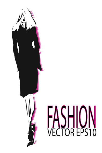 Young stylish woman in black dress. Fashion sketch