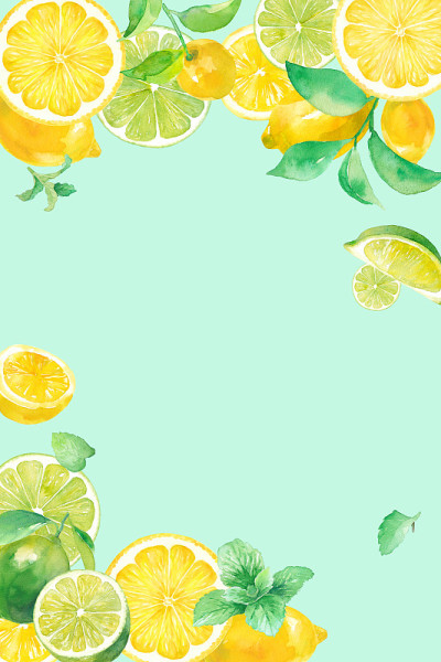 清新的柑橘和薄荷水彩画插图。柠檬和酸橙的立式框架设计。