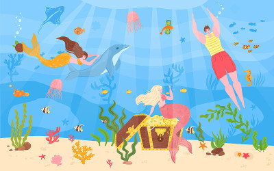 男人与女人美人鱼在海上，矢量插图。水下人物用尾巴游泳，幻想可爱的卡通女孩在海洋里。
