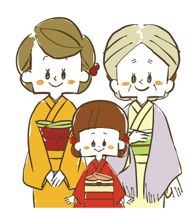 穿着日本和服的三代妇女家庭
