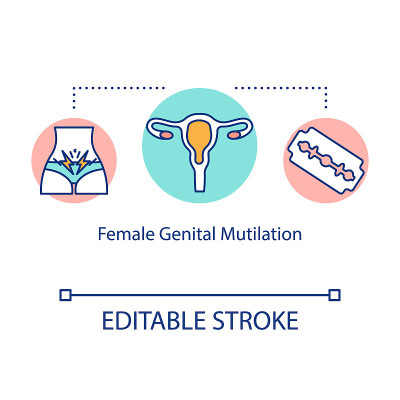女性生殖器切割概念图标。侵犯人权、女性割礼、性骚扰观念的细线例证。矢量隔离轮廓RGB彩色绘图。可编辑