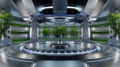 宇宙飞船上的水培实验室，圆形平台空着。