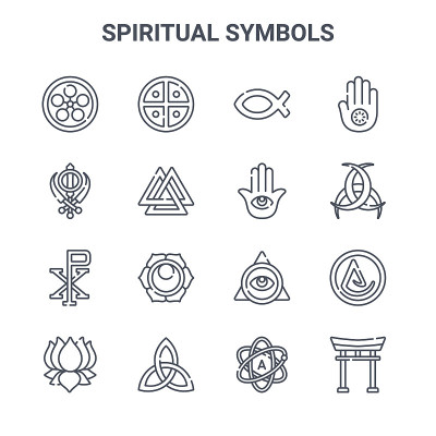 set of 16 spiritual symbols concept vector line ic