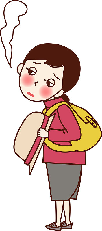 A tired girl carrying a backpack.