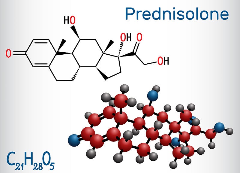 强的松分子。被称为皮质类固醇或类固醇药物。结构化学式和分子模型