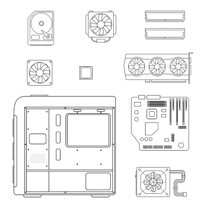 计算机组件的图标。电脑用品。CPU, GPU，主板，系统块，RAM内存，冷却器，硬盘驱动器。彩色平面