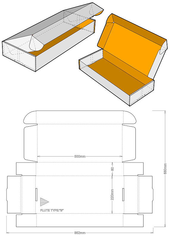 寄信用的纸板箱。槽型B(内部尺寸50 x 22 + 8cm)和模切模式。组装方便，不需要胶水。.ep