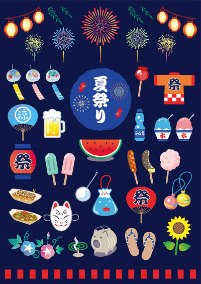 日本夏季节日向量图标插图。
