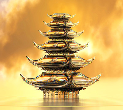 玻璃日本寺庙水上。晶体材料