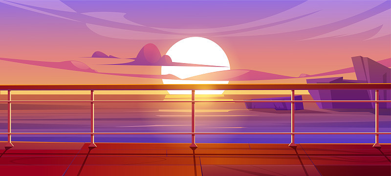 邮轮甲板或码头黄昏海景