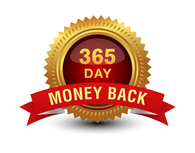 365 day / 1 year money back golden red seal, stamp