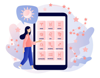 占星学的科学概念。智能手机应用中的占星预测。黄道、天体坐标系、星星和星座。小女孩占星家。现代平面卡通