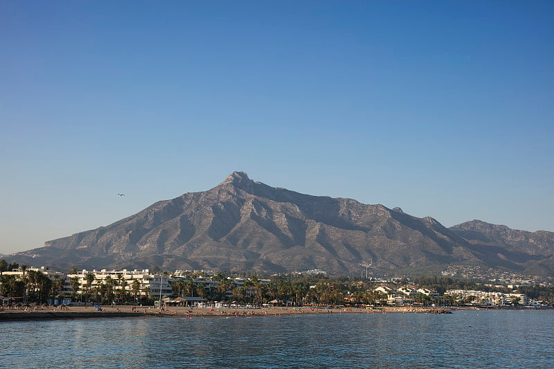 马尔贝拉沙滩，西班牙地中海海滨的夏日度假风景，安达卢西亚地区，太阳海岸，马拉加省。