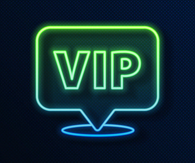 Glowing neon line Location Vip icon isolated on bl