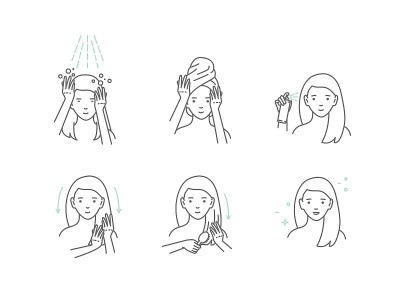 美容时尚女孩敷发膜。线条风格矢量插图。孤立在白色背景上。