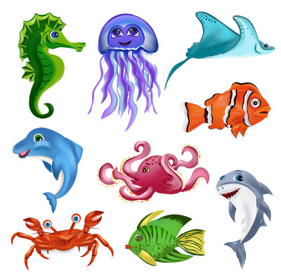 海洋生物，海豚，章鱼，鲨鱼，热带鱼，海马，黄貂鱼，水母，螃蟹。卡通人物。3D矢量图标。