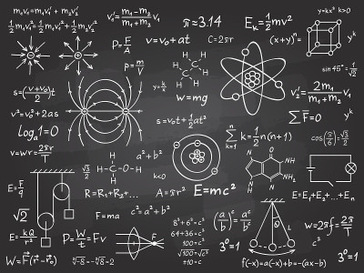科学的公式。数学和物理微积分在课堂黑板上。代数和物理手写矢量教育概念
