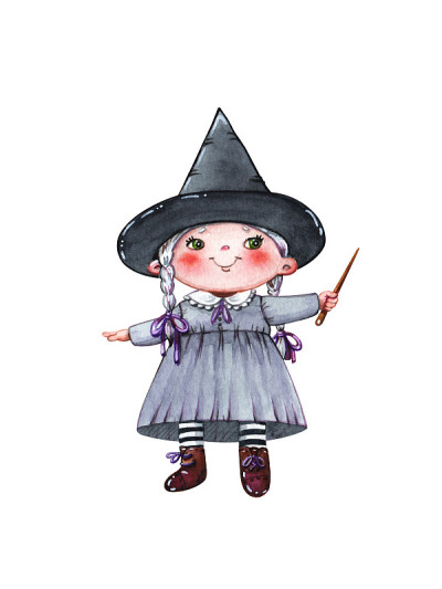 戴着黑帽子带着魔杖的小女巫