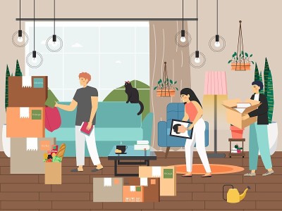家庭搬新家，矢量插图。人们用纸板箱打包东西。家搬迁。