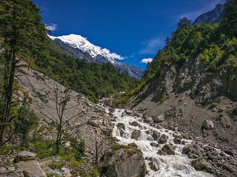 尼泊尔琅塘的山丘、河流和雪山