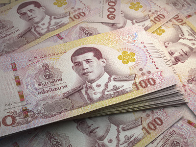 泰国的钞票。Thaibaht账单。那有100泰铢。商业、金融背景。