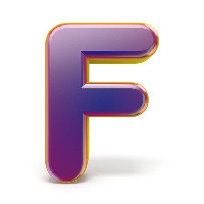 字母F，紫色字体，黄色轮廓