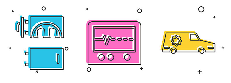 设置火葬场，Beat dead in monitor和Hearse car图标。向量