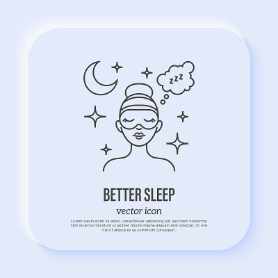 更好的睡眠:年轻女子戴着眼罩睡觉。细线图标。放松，控制睡眠，健康医疗建议。矢量插图。
