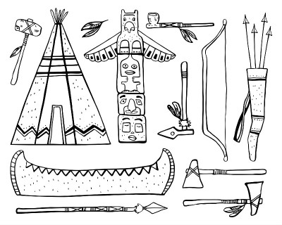 Native American traditional objects. Wigwam, totem