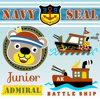 bear the navy seals with two warship, vector carto
