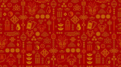 中式矢量无缝图案设计，白色背景上的金色元素。牛年，中国历法上的2021年。