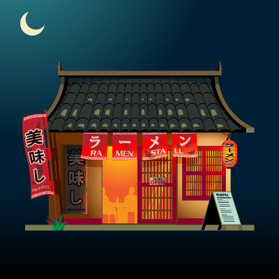 晚上的传统拉面店
