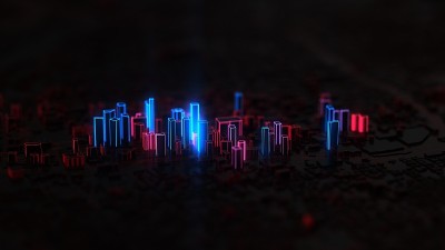 红色和蓝色边缘发光的数字城市。三维演示