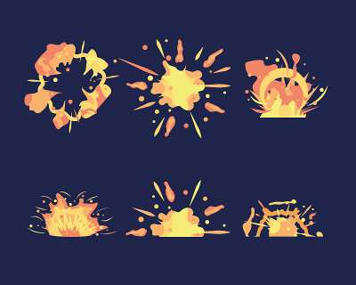 卡通运动爆炸。动画爆发力击球。爆炸动画。一组对象，动画场景，用于游戏，烟雾，爆炸，火云，逐帧动画