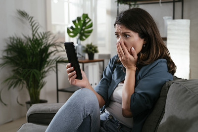 一个可悲的女人，坐在沙发上打电话