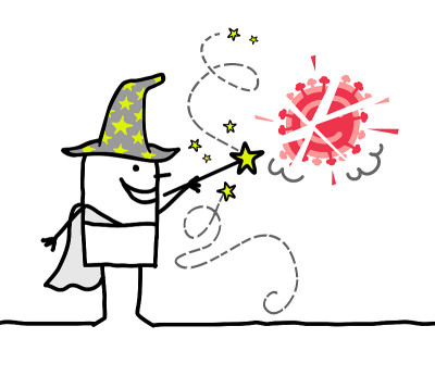手持魔棒的卡通巫师，摧毁冠状病毒