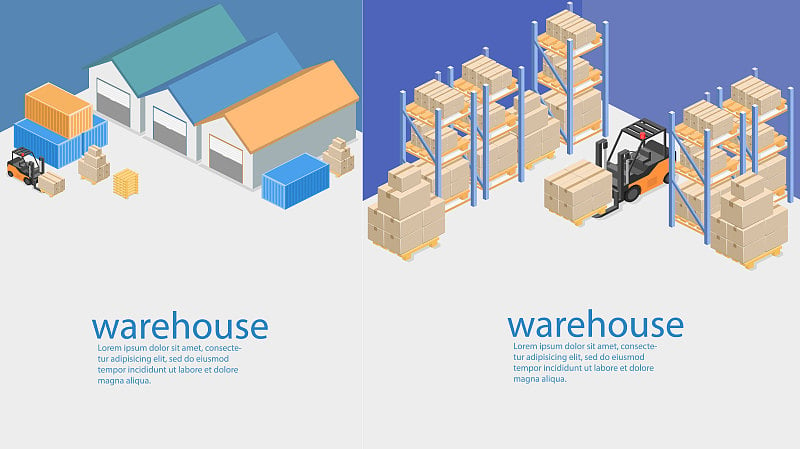 仓库内部等距。盒子在架子上。平3 d演示。