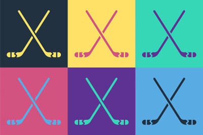 Pop art Ice hockey sticks icon isolated on color b
